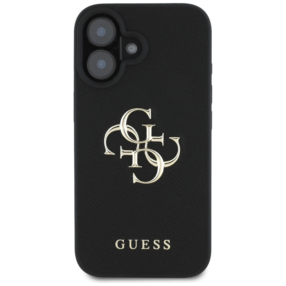Guess Grained Big 4G Logo Small Classic Logo Apple iPhone 16 dėklas telefonui juodos spalvos