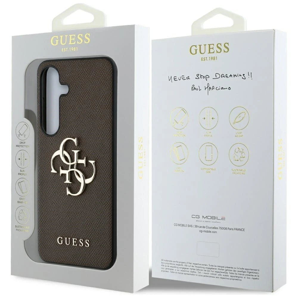 GUESS dėklas skirtas Samsung Galaxy S25 GUHCS25SPGT4MBW (PU Grained Big 4G and Classic Logo) rudos spalvos