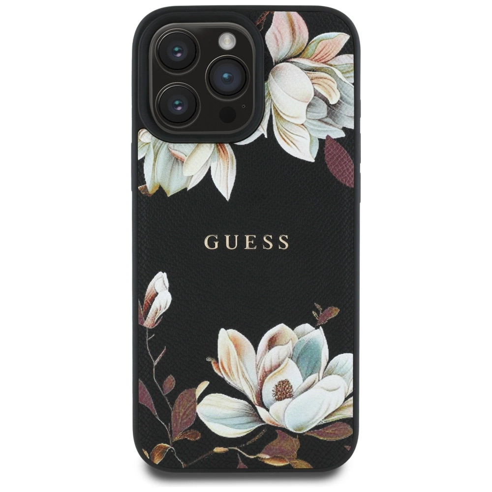 Guess Grained Printed Flower Pattern MagSafe - dėklas skirtas Apple iPhone 16 Pro juodas