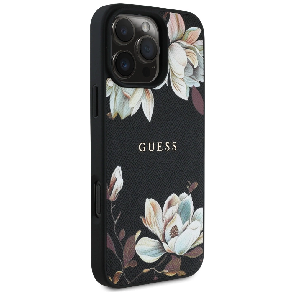 Guess Grained Printed Flower Pattern MagSafe - dėklas skirtas Apple iPhone 16 Pro juodas