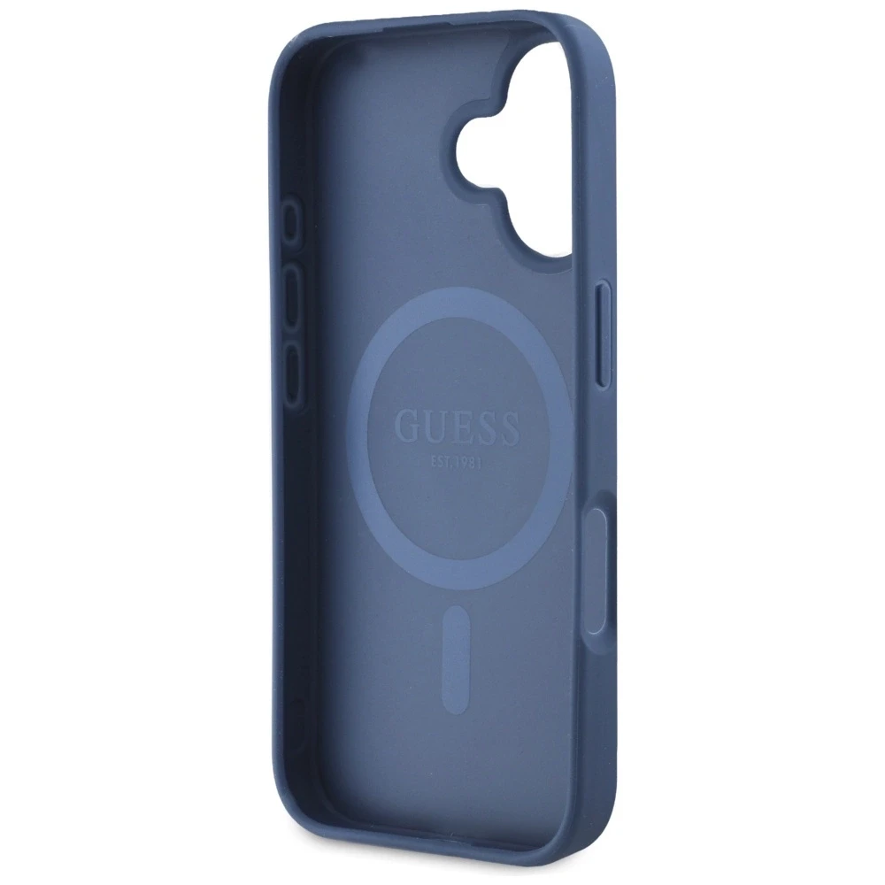 Dėklas Guess Grained Printed Flower Pattern MagSafe Apple iPhone 16 mėlynas