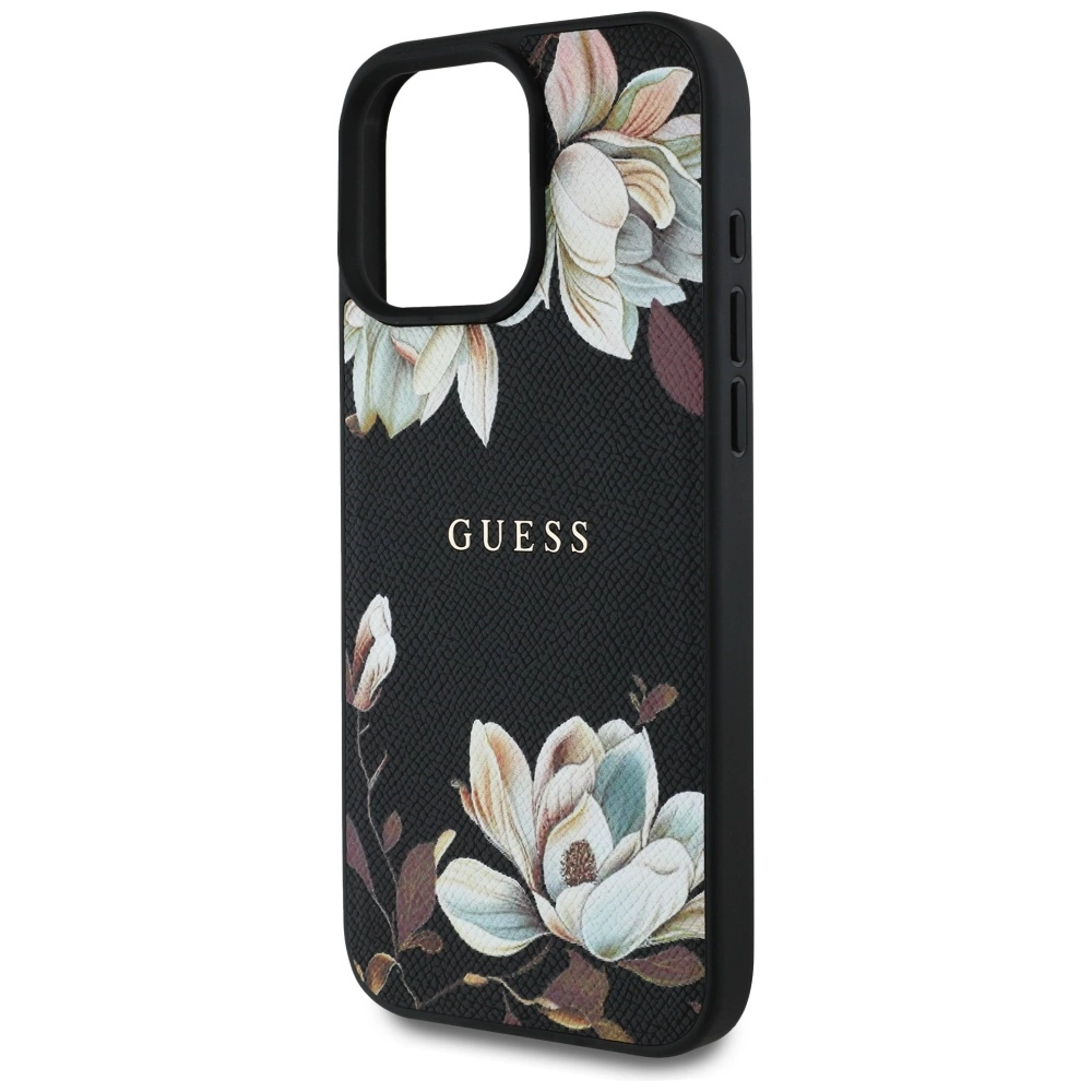 Guess Grained Printed Flower Pattern MagSafe - dėklas skirtas Apple iPhone 16 Pro juodas