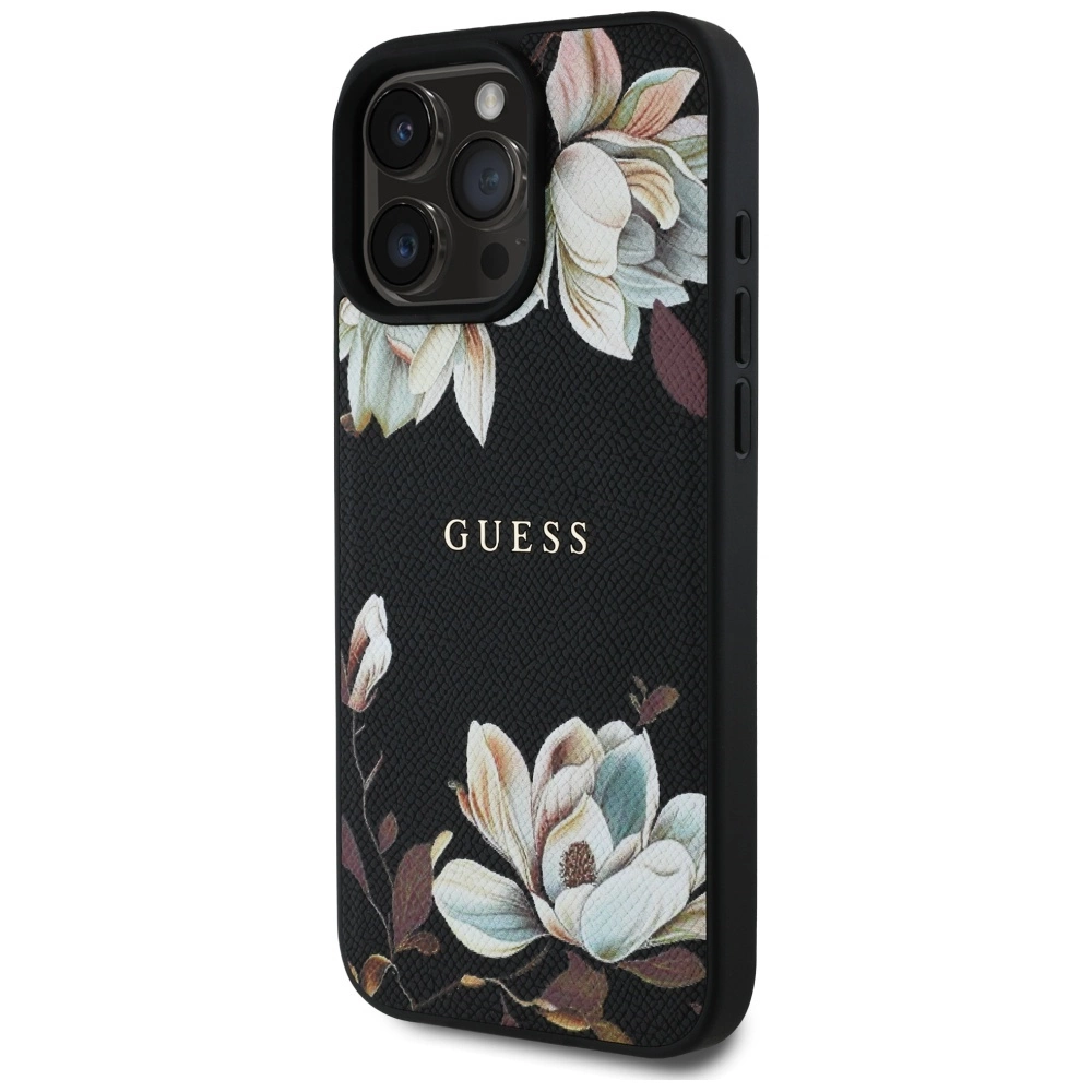 Guess Grained Printed Flower Pattern MagSafe - dėklas skirtas Apple iPhone 16 Pro juodas