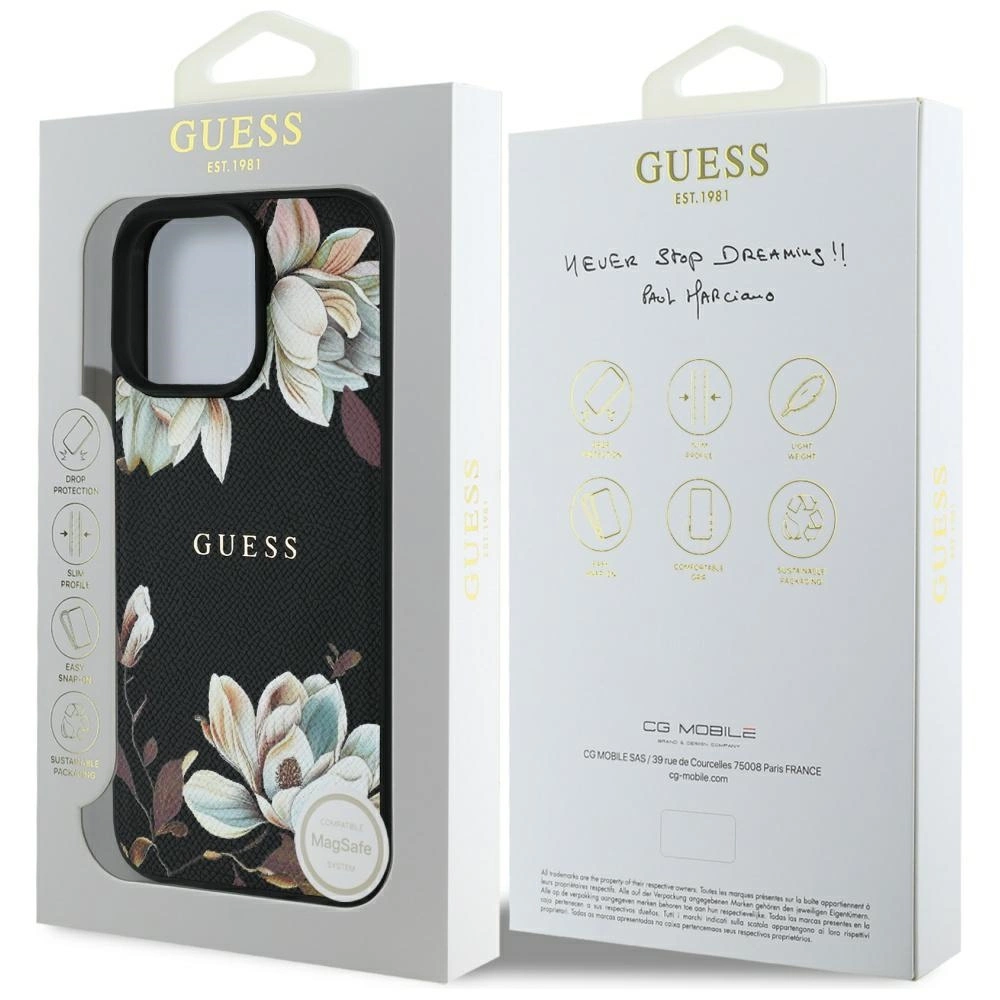 Guess Grained Printed Flower Pattern MagSafe - dėklas skirtas Apple iPhone 16 Pro juodas