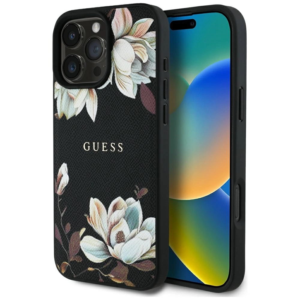 Guess Grained Printed Flower Pattern MagSafe - dėklas skirtas Apple iPhone 16 Pro juodas