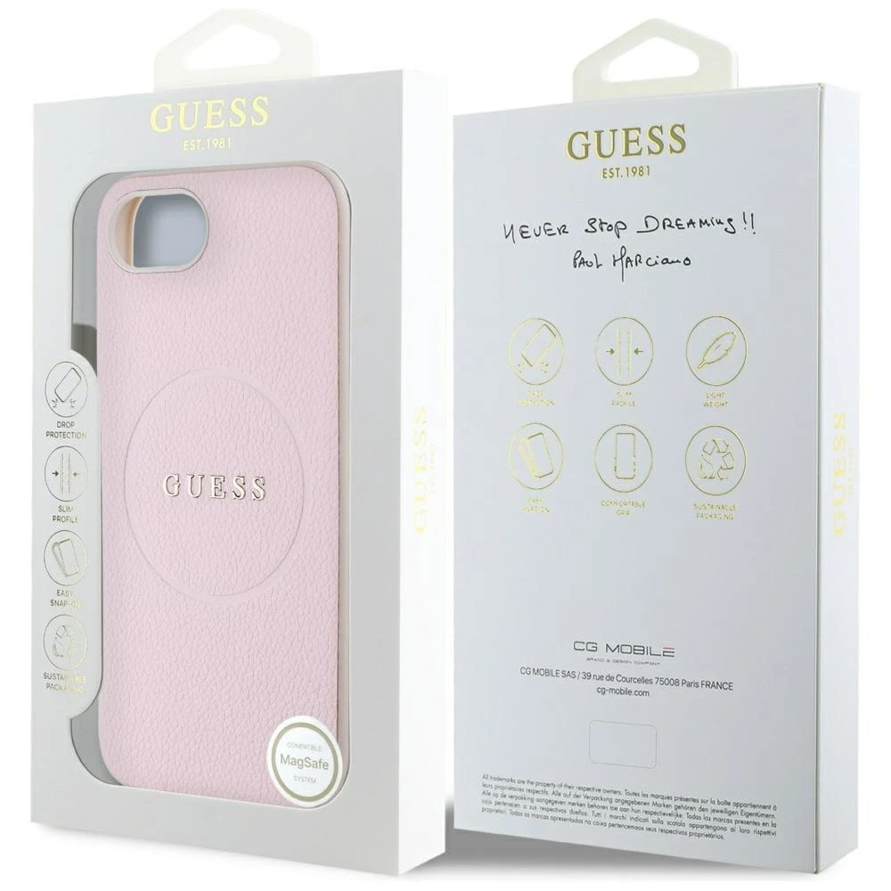 Guess PU Grained Classic Logo MagSafe Apple iPhone 16e dėklas telefonui rožinės spalvos