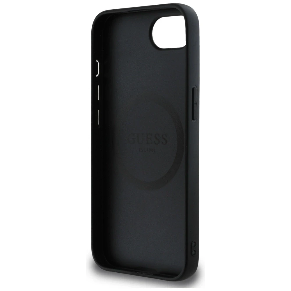 Guess Grained Triangle MagSafe dėklas iPhone 16e - juodas