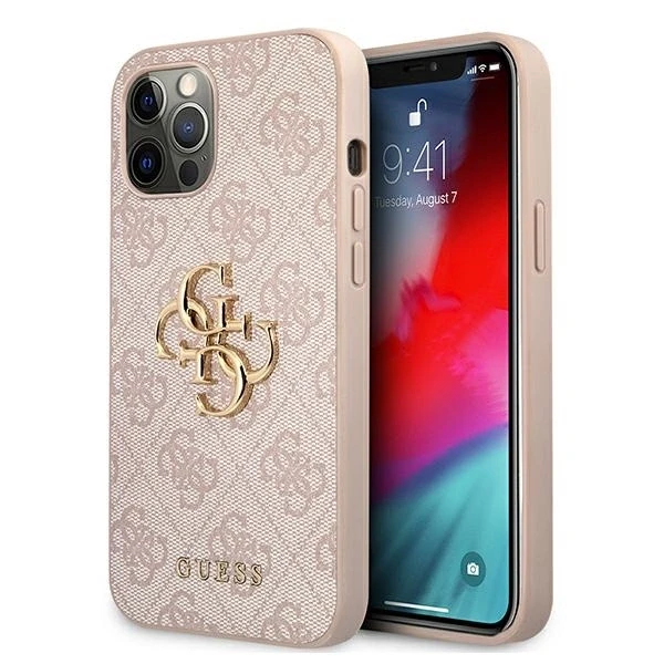 Guess PU 4G Metal Logo dėklas skirtas Apple iPhone 12/12 Pro rožinės spalvos