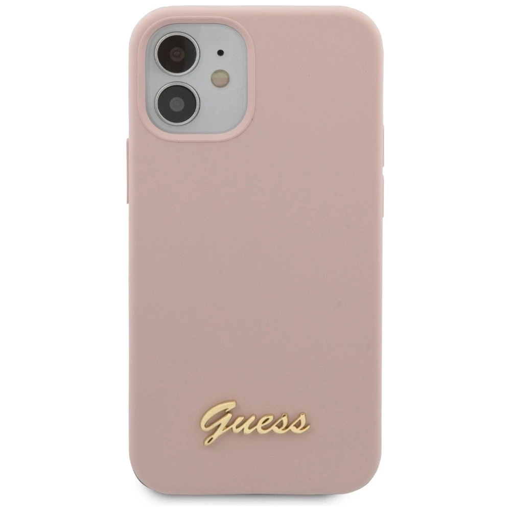 Apple iPhone 12 Mini Guess dėklas silikoninis Script Gold Logo (GUHCP12SLSLMGLP) light rožinės spalvos