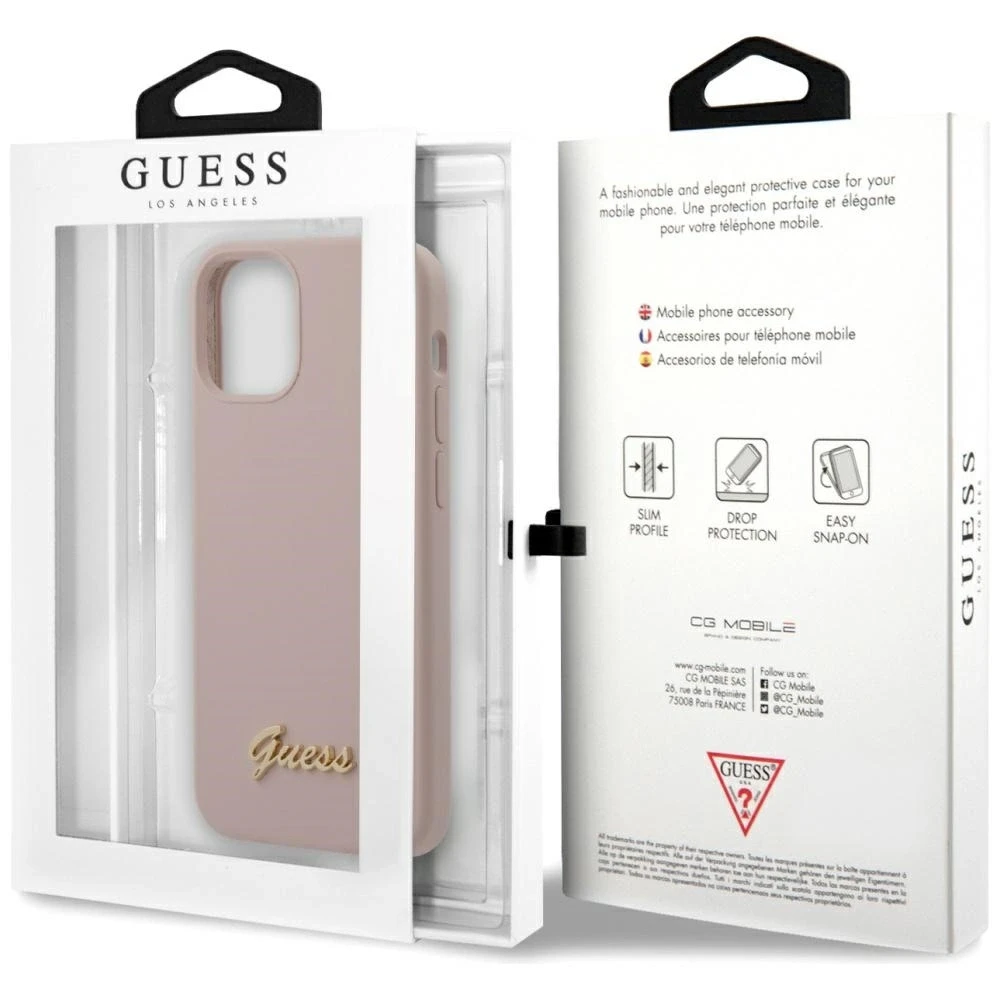 Apple iPhone 12 Mini Guess dėklas silikoninis Script Gold Logo (GUHCP12SLSLMGLP) light rožinės spalvos