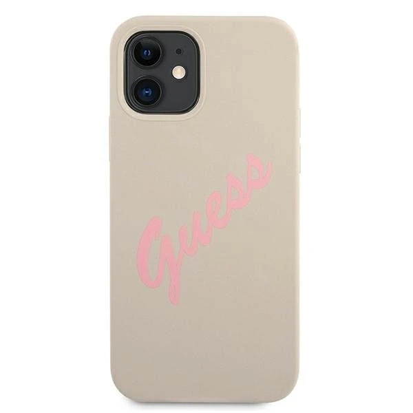 GUESS kietas dėklas GUHCP12SLSVSGP silikoninis vintažinis iPhone 12 mini Rožinis/pilkas