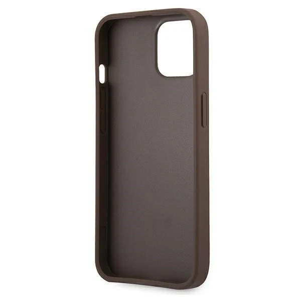 GUESS kietas dėklas 4G GUHCP13M4GMGBR iPhone 13 su dideliu meta logotipu ir rudu korpusu
