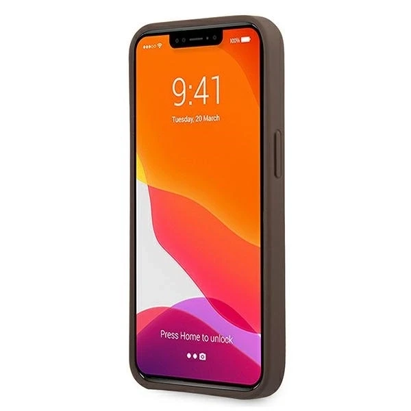 Guess PU 4G Metal Logo dėklas skirtas Apple iPhone 13 Pro Max rudos spalvos