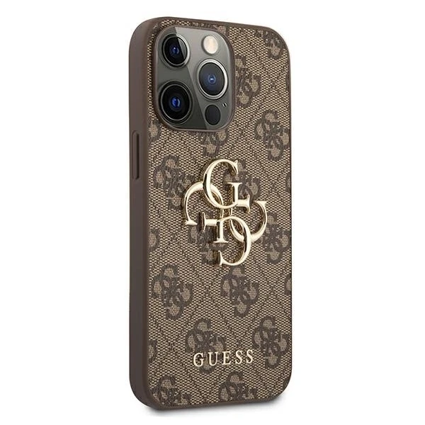 Guess PU 4G Metal Logo dėklas skirtas Apple iPhone 13 Pro Max rudos spalvos