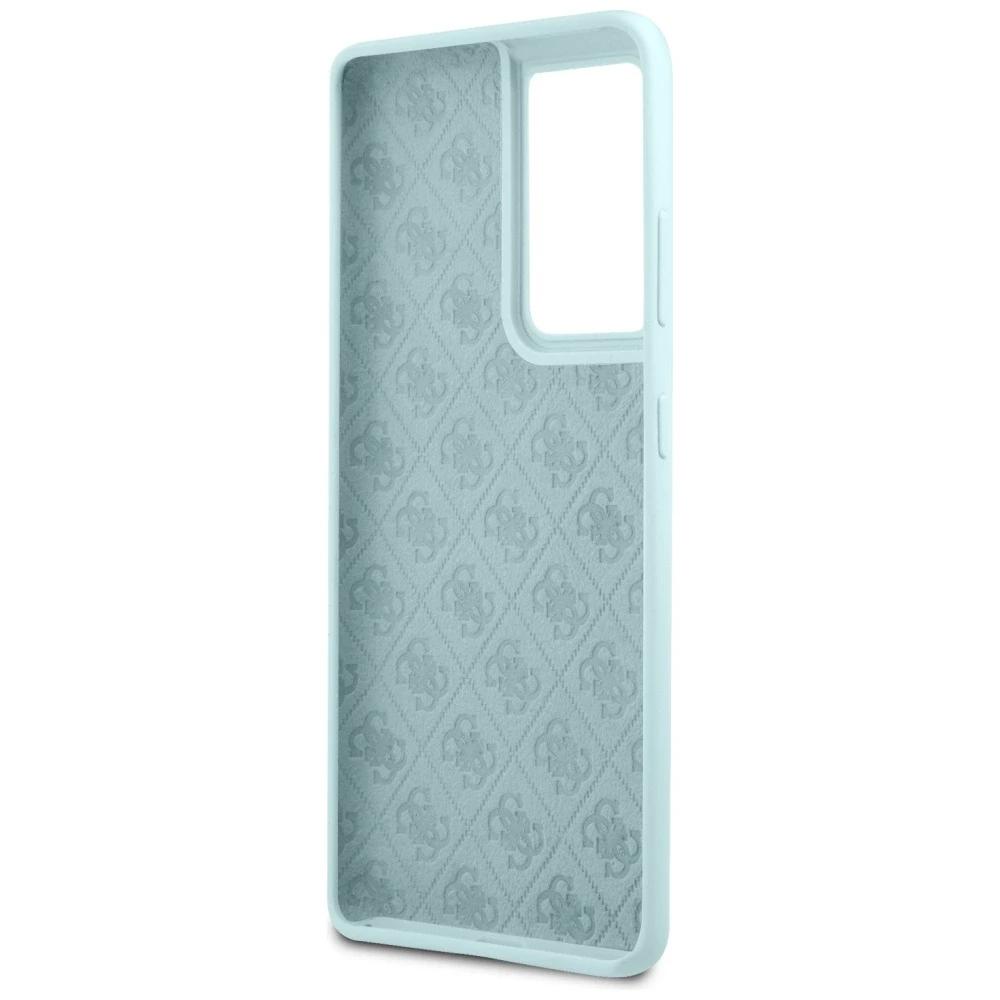 Guess GUHCS21LLSLMGLB S21 Ultra G998 mėlynas kietas dėklas Silicone Script Metal Logo