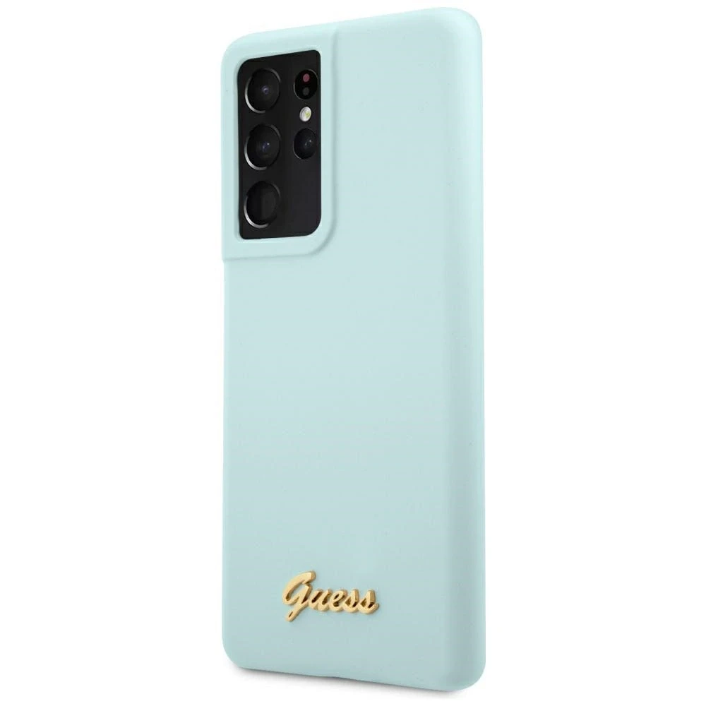 Guess GUHCS21LLSLMGLB S21 Ultra G998 mėlynas kietas dėklas Silicone Script Metal Logo