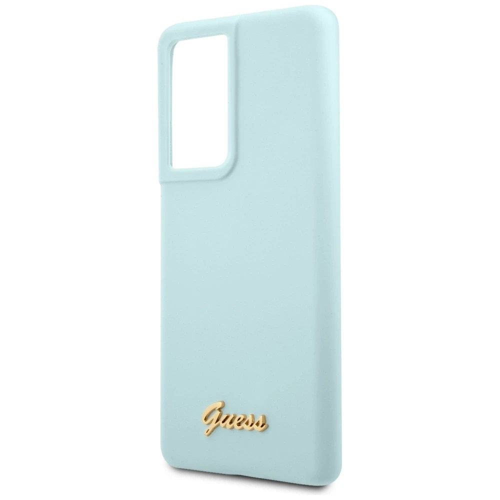 Guess GUHCS21LLSLMGLB S21 Ultra G998 mėlynas kietas dėklas Silicone Script Metal Logo