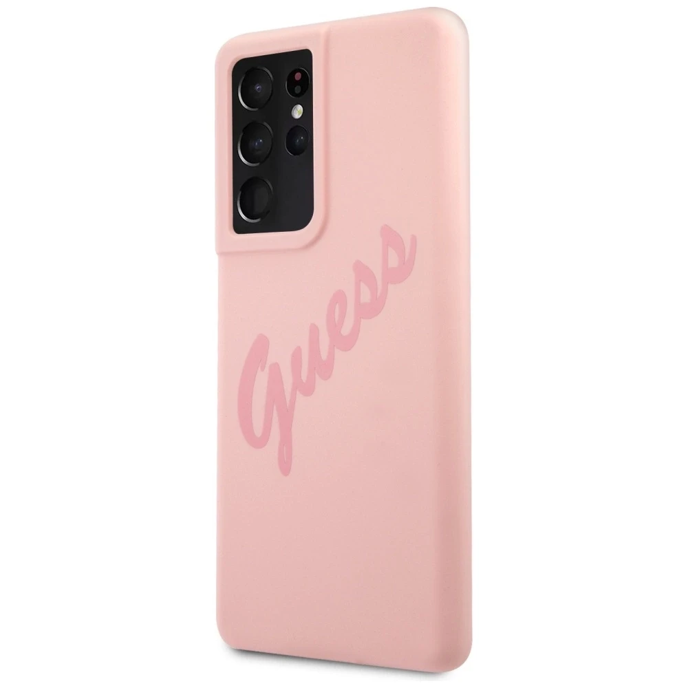 Guess GUHCS21LLSVSPI S21 Ultra G998 rožinės spalvos kietas dėklas Script Vintage