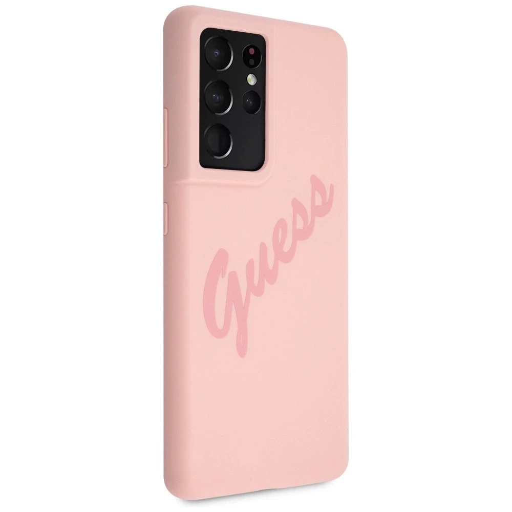 Guess GUHCS21LLSVSPI S21 Ultra G998 rožinės spalvos kietas dėklas Script Vintage
