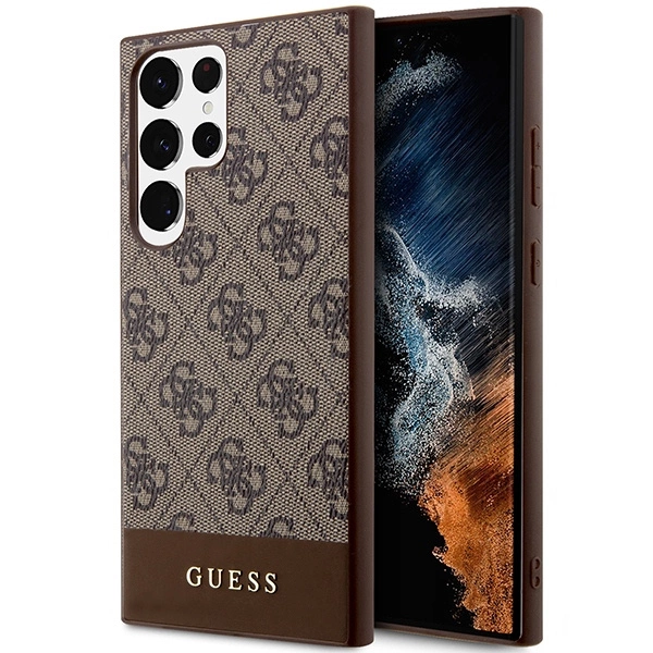 Guess 4G Bottom Stripe Metal Logo Collection - dėklas skirtas Samsung Galaxy S23 Ultra Brown