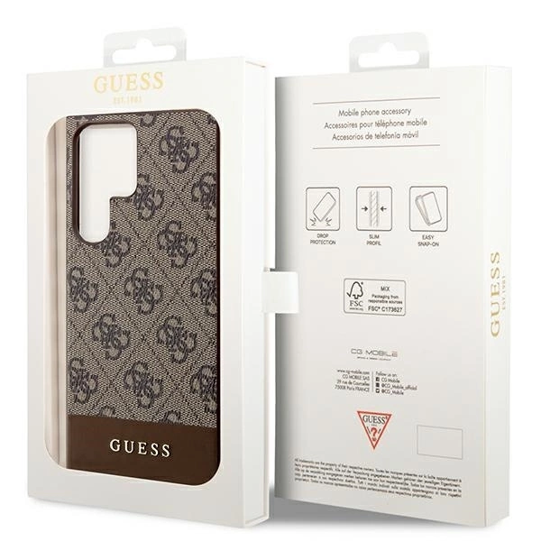 Guess 4G Bottom Stripe Metal Logo Collection - dėklas skirtas Samsung Galaxy S23 Ultra Brown