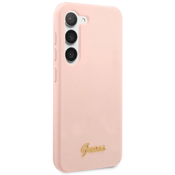 Guess Silicone Script Metal Logo - dėklas skirtas Samsung Galaxy S23+ Rožinė