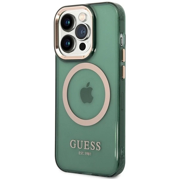 Guess dėklas, skirtas iPhone 14 Pro 6,1 GUHMP14LHTCMA khaki spalvos hard dėklas, skirtas Gold Outline Translucent MagSafe