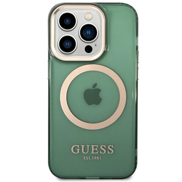 Guess dėklas, skirtas iPhone 14 Pro 6,1 GUHMP14LHTCMA khaki spalvos hard dėklas, skirtas Gold Outline Translucent MagSafe