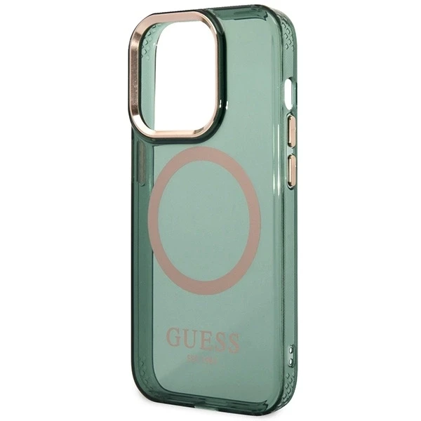 Guess dėklas, skirtas iPhone 14 Pro 6,1 GUHMP14LHTCMA khaki spalvos hard dėklas, skirtas Gold Outline Translucent MagSafe