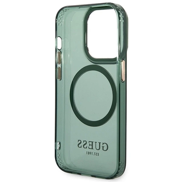 Guess dėklas, skirtas iPhone 14 Pro 6,1 GUHMP14LHTCMA khaki spalvos hard dėklas, skirtas Gold Outline Translucent MagSafe