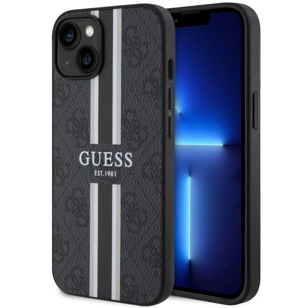 Guess telefono dėklas iPhone 14 Plus 6,7 GUHMP14MP4RPSK juodas hartelefono dėklas Magsafe 4G Printed Stripes