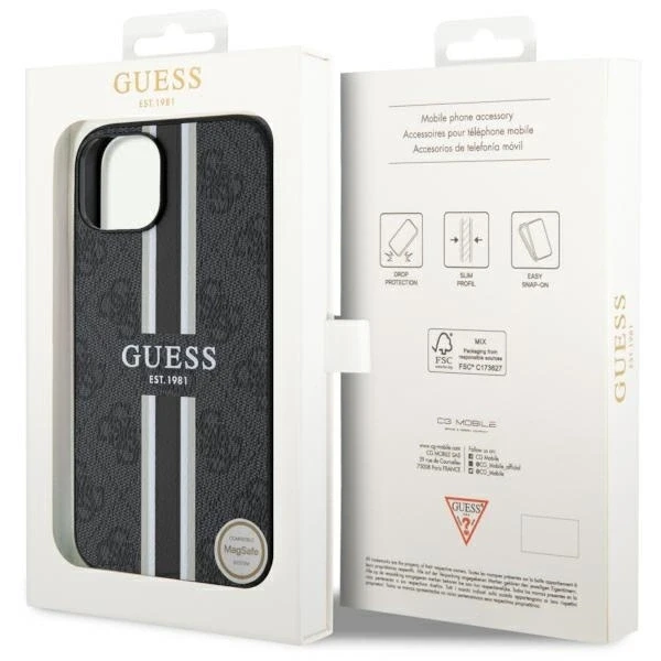 Guess telefono dėklas iPhone 14 Plus 6,7 GUHMP14MP4RPSK juodas hartelefono dėklas Magsafe 4G Printed Stripes
