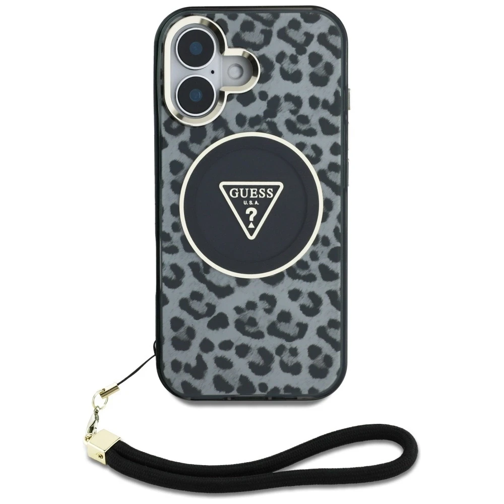 Guess HC IML Leopard Triangle Cord Strap Apple iPhone 16 MagSafe dėklas telefonui juodos spalvos
