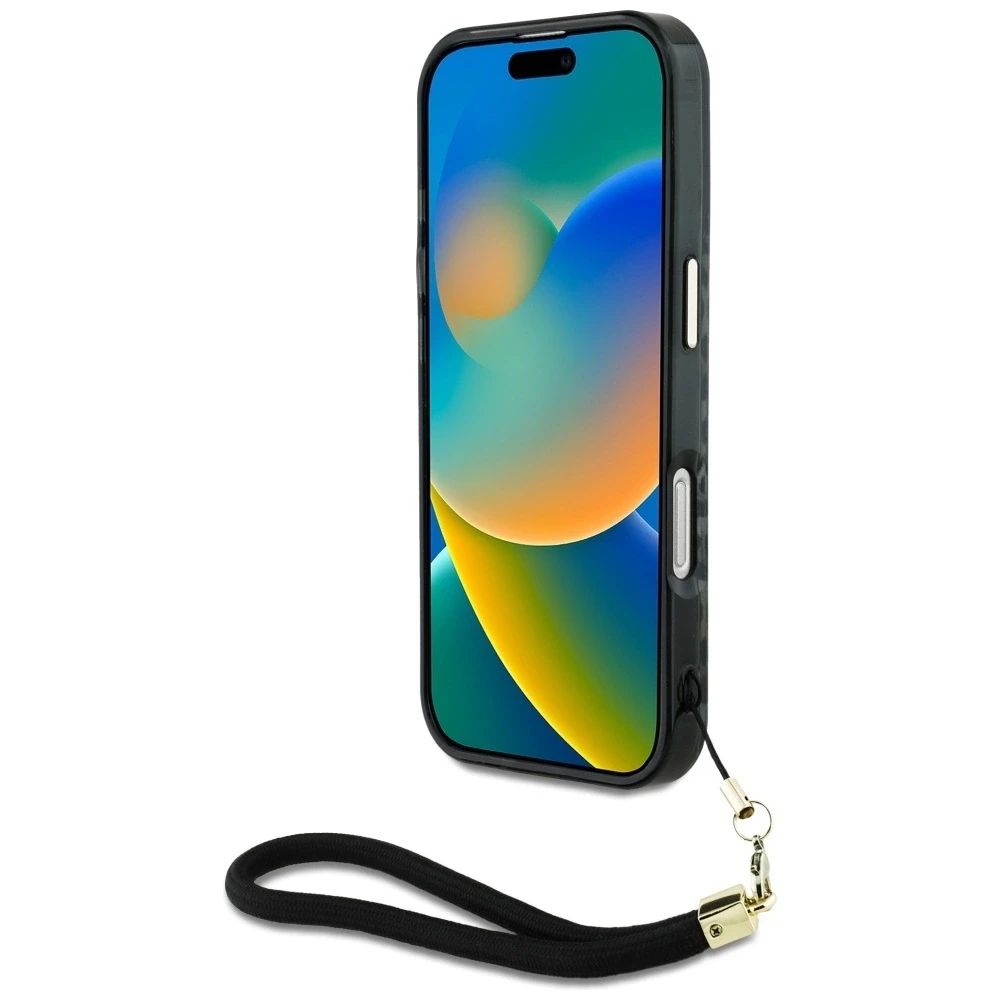 Guess HC IML Leopard Triangle Cord Strap Apple iPhone 16 MagSafe dėklas telefonui juodos spalvos
