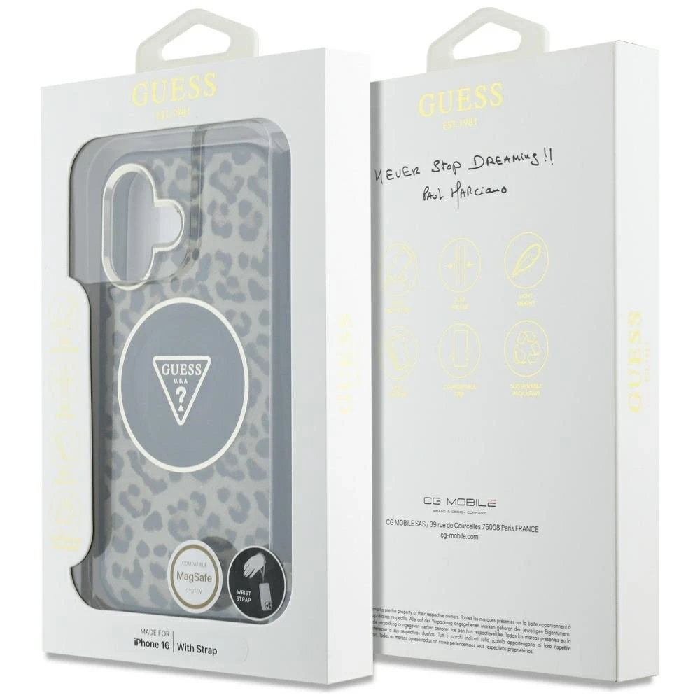 Guess HC IML Leopard Triangle Cord Strap Apple iPhone 16 MagSafe dėklas telefonui