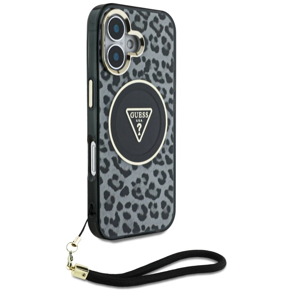 Guess HC IML Leopard Triangle Cord Strap Apple iPhone 16 MagSafe dėklas telefonui juodos spalvos