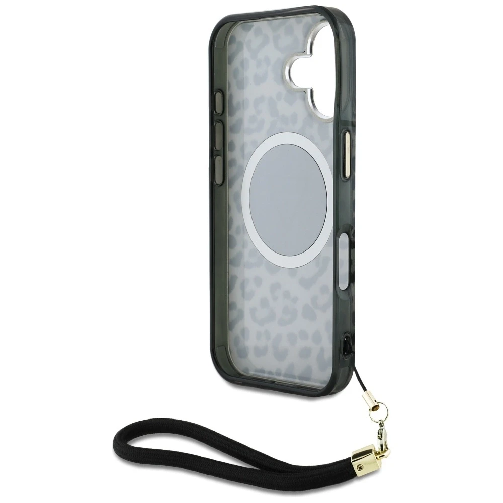 Guess HC IML Leopard Triangle Cord Strap Apple iPhone 16 MagSafe dėklas telefonui juodos spalvos