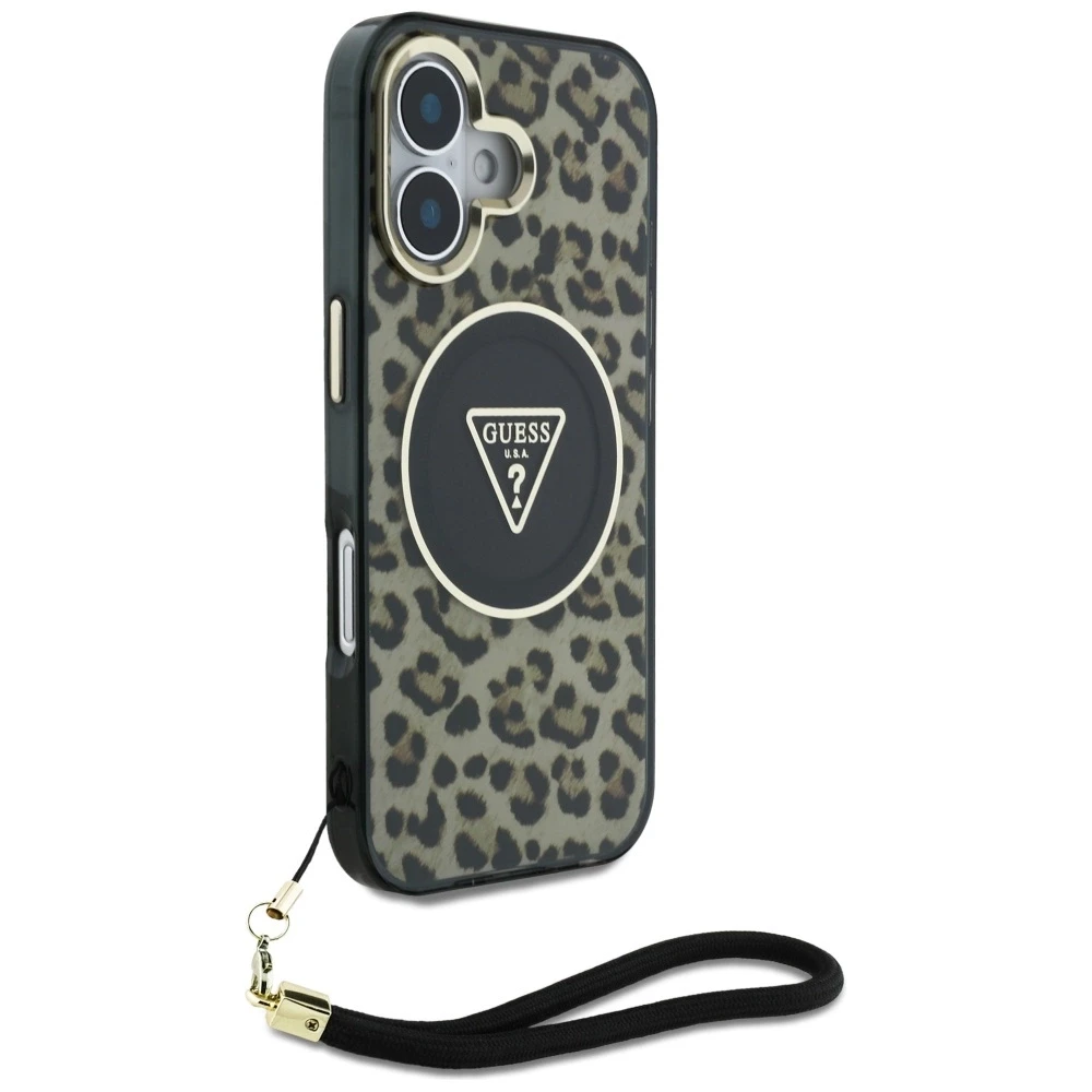 Guess HC IML Leopard Triangle Cord Strap Apple iPhone 16 MagSafe dėklas telefonui