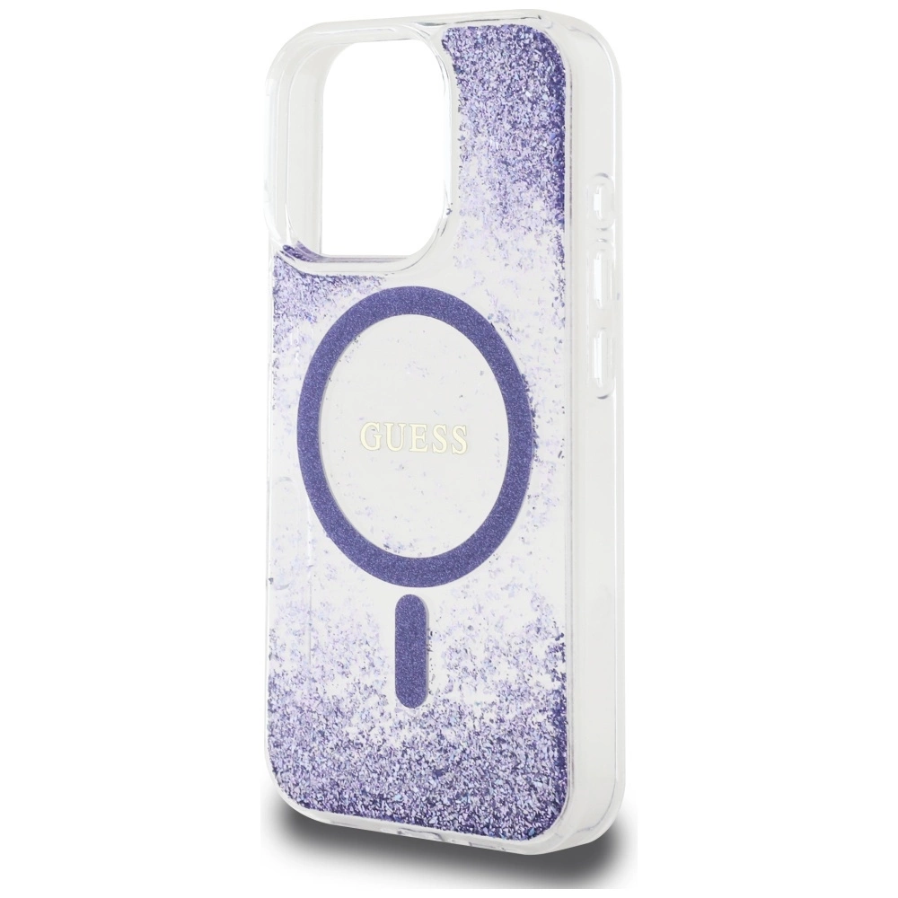 Dėklas Guess HC Resin Bottom Glitter Apple iPhone 16 Pro MagSafe violetinės spalvos
