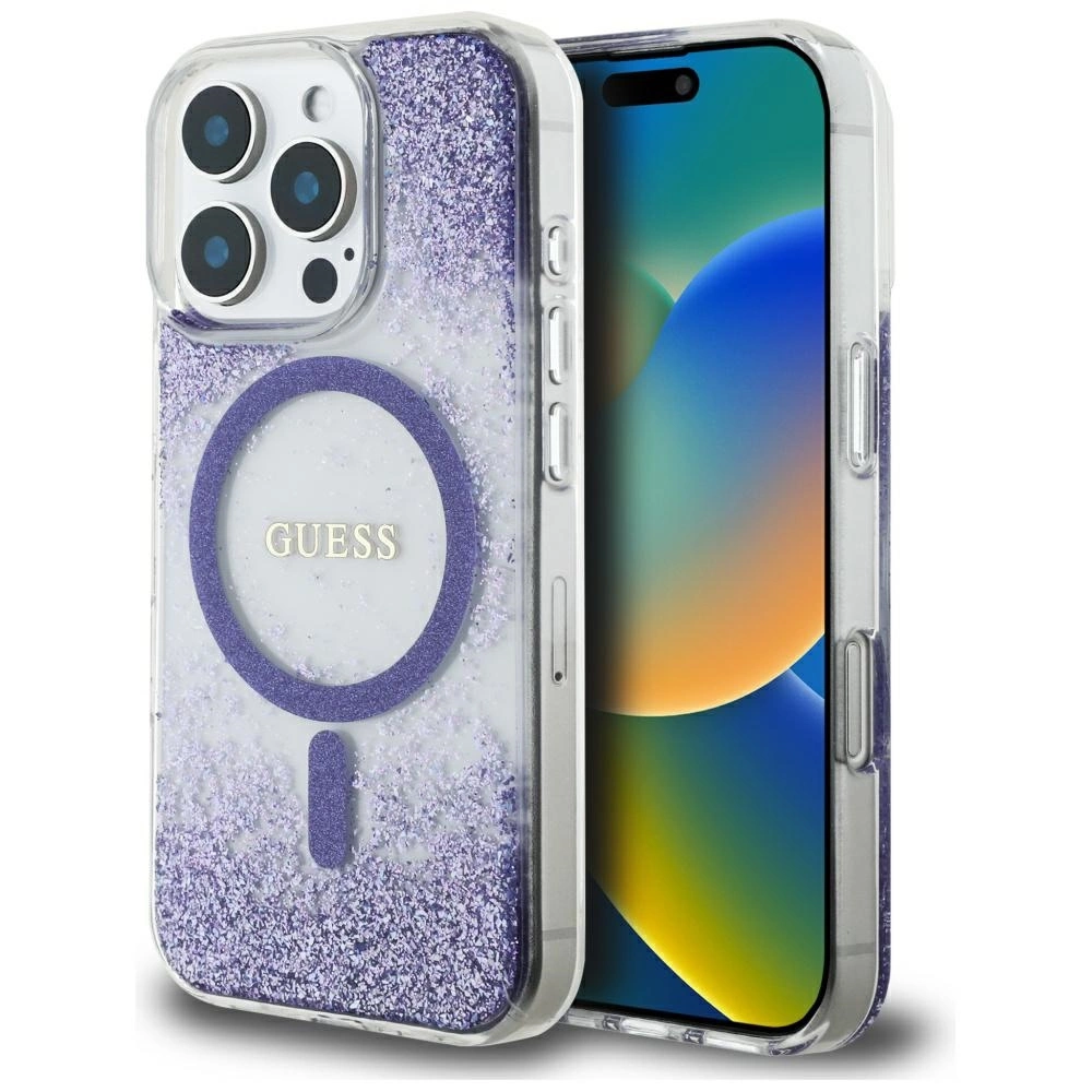 Dėklas Guess HC Resin Bottom Glitter Apple iPhone 16 Pro MagSafe violetinės spalvos