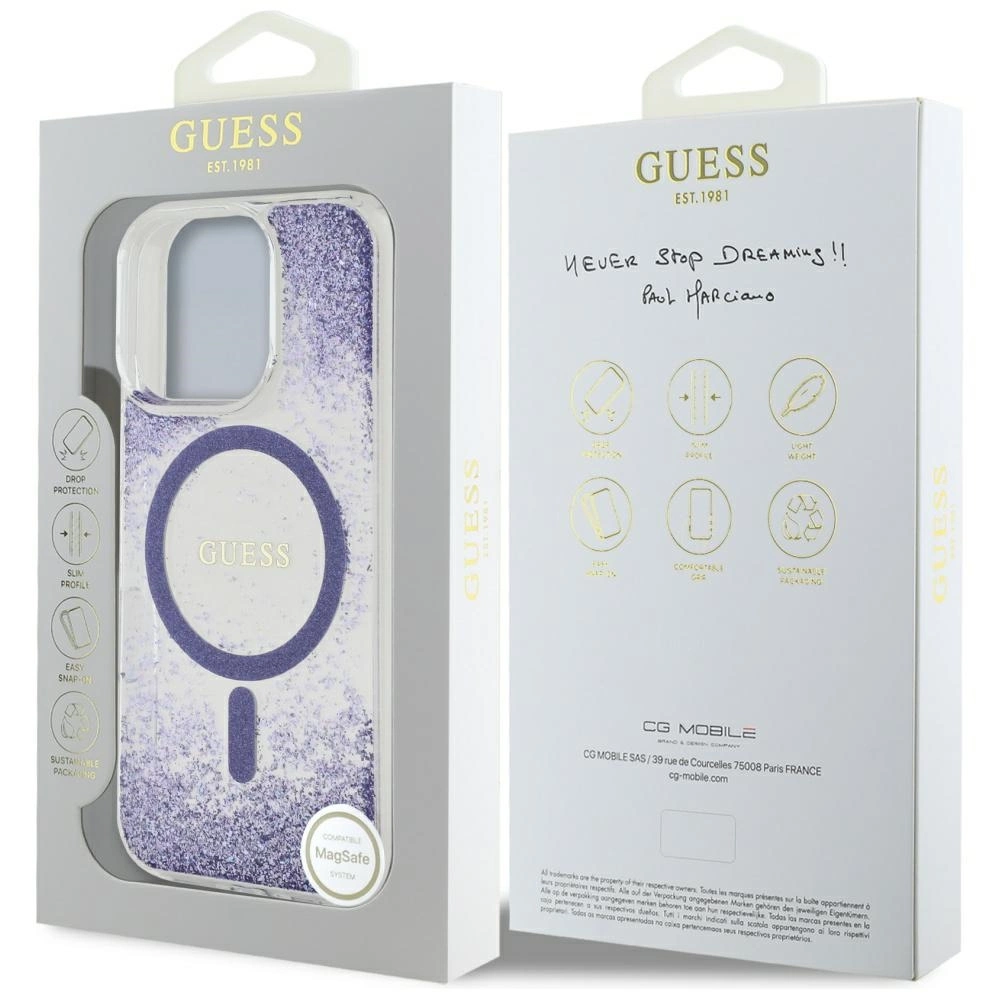 Dėklas Guess HC Resin Bottom Glitter Apple iPhone 16 Pro MagSafe violetinės spalvos