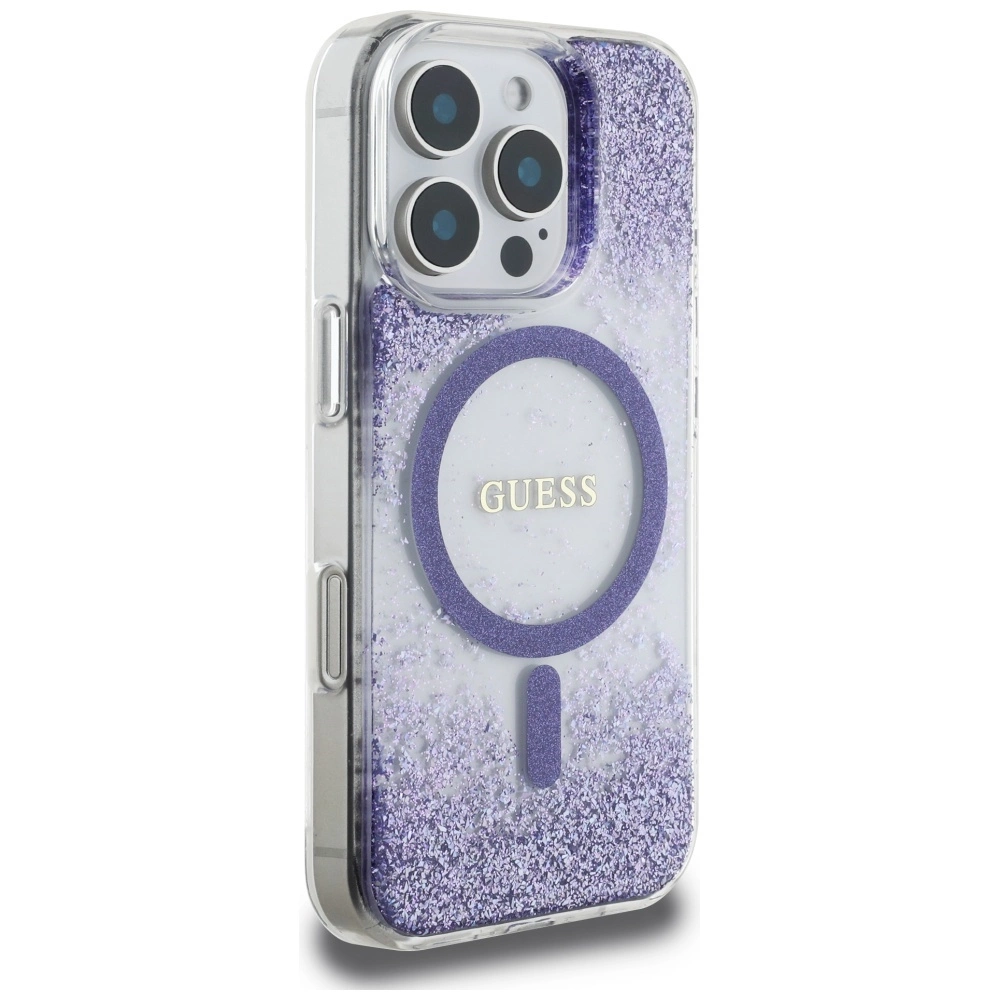 Dėklas Guess HC Resin Bottom Glitter Apple iPhone 16 Pro MagSafe violetinės spalvos