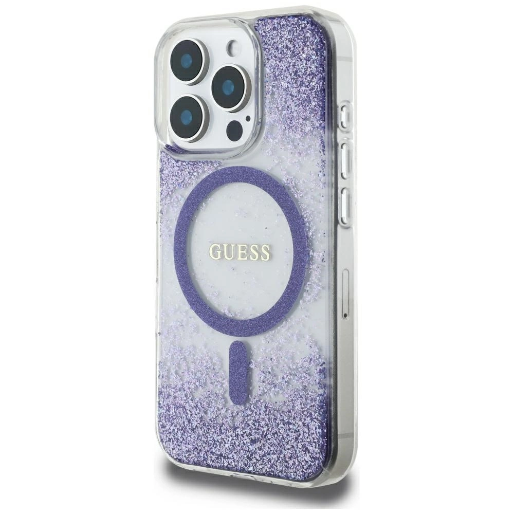 Dėklas Guess HC Resin Bottom Glitter Apple iPhone 16 Pro MagSafe violetinės spalvos