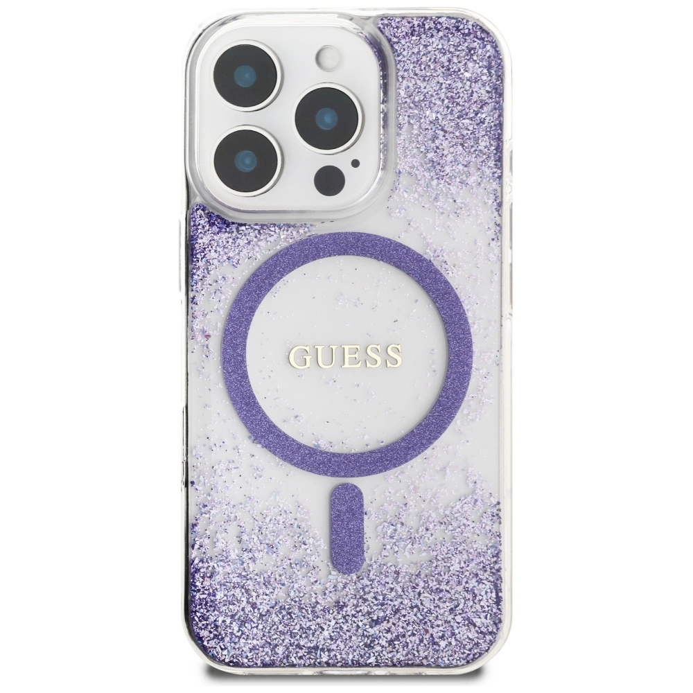 Dėklas Guess HC Resin Bottom Glitter Apple iPhone 16 Pro MagSafe violetinės spalvos