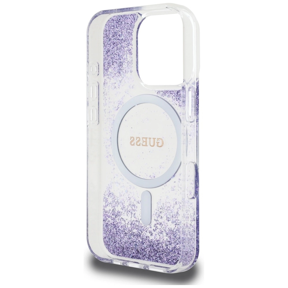 Dėklas Guess HC Resin Bottom Glitter Apple iPhone 16 Pro MagSafe violetinės spalvos