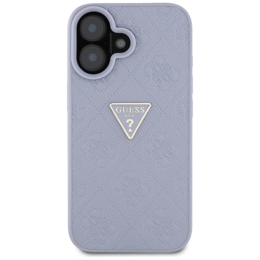 Dėklas Guess Hot Stamp 4G Pattern Triangle Metal Logo iPhone 16 violetinės spalvos