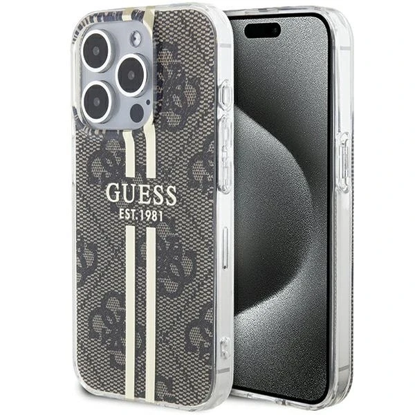 Dėklas GUESS GUHCP15XH4SGW IPHONE 15 PRO MAX 6.7 "BROWN/BROWN HARDCASE IML 4G GOLD STRIPE