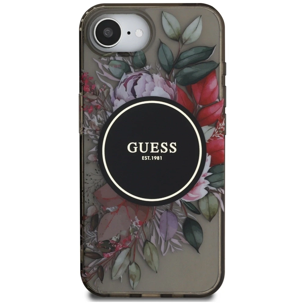 Guess IML Flowers MagSafe iPhone 16e Dėklas - Juodas