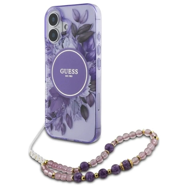 Guess IML Flowers With Pearl Strap MagSafe - dėklas skirtas Apple iPhone 16 Violetinė