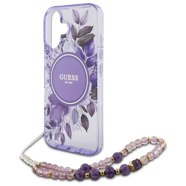 Guess IML Flowers With Pearl Strap MagSafe - dėklas skirtas Apple iPhone 16 Violetinė